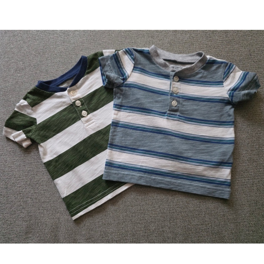 Carters Baby Boy 3M Henley Shirts Set of 2 Striped Slub Knit Green Blue 3 Months